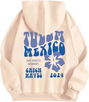 Hoodie Women Casual Letter Floral Print Hooded Sweatshirt With Drawstring Hoodies For Teen Girls Oversized Hoodies