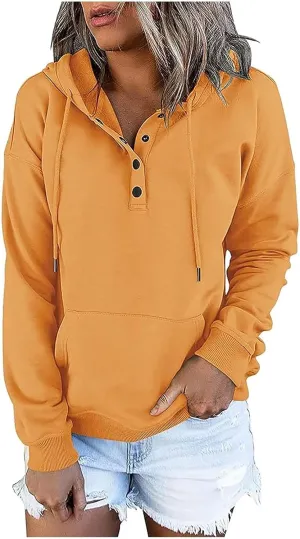 Hoodie Women Casual Pullover Sweatshirt Henley Style Long Sleeve Pocket Relaxed Fit Outfit