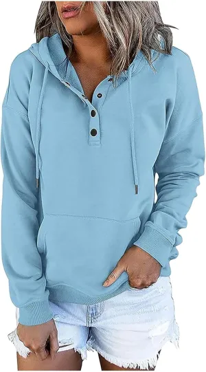 Hoodie Women Casual Pullover Sweatshirt Henley Style Long Sleeve Pocket Relaxed Fit Outfit