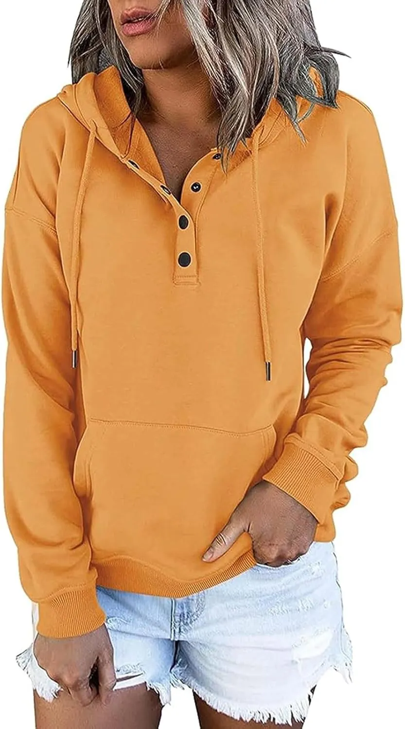 Hoodie Women Casual Pullover Sweatshirt Henley Style Long Sleeve Pocket Relaxed Fit Outfit