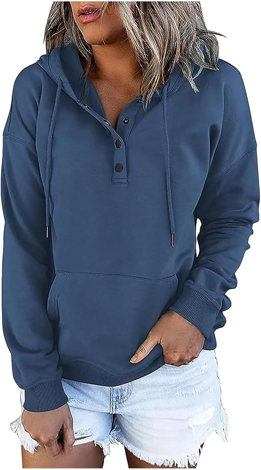 Hoodie Women Casual Pullover Sweatshirt Henley Style Long Sleeve Pocket Relaxed Fit Outfit