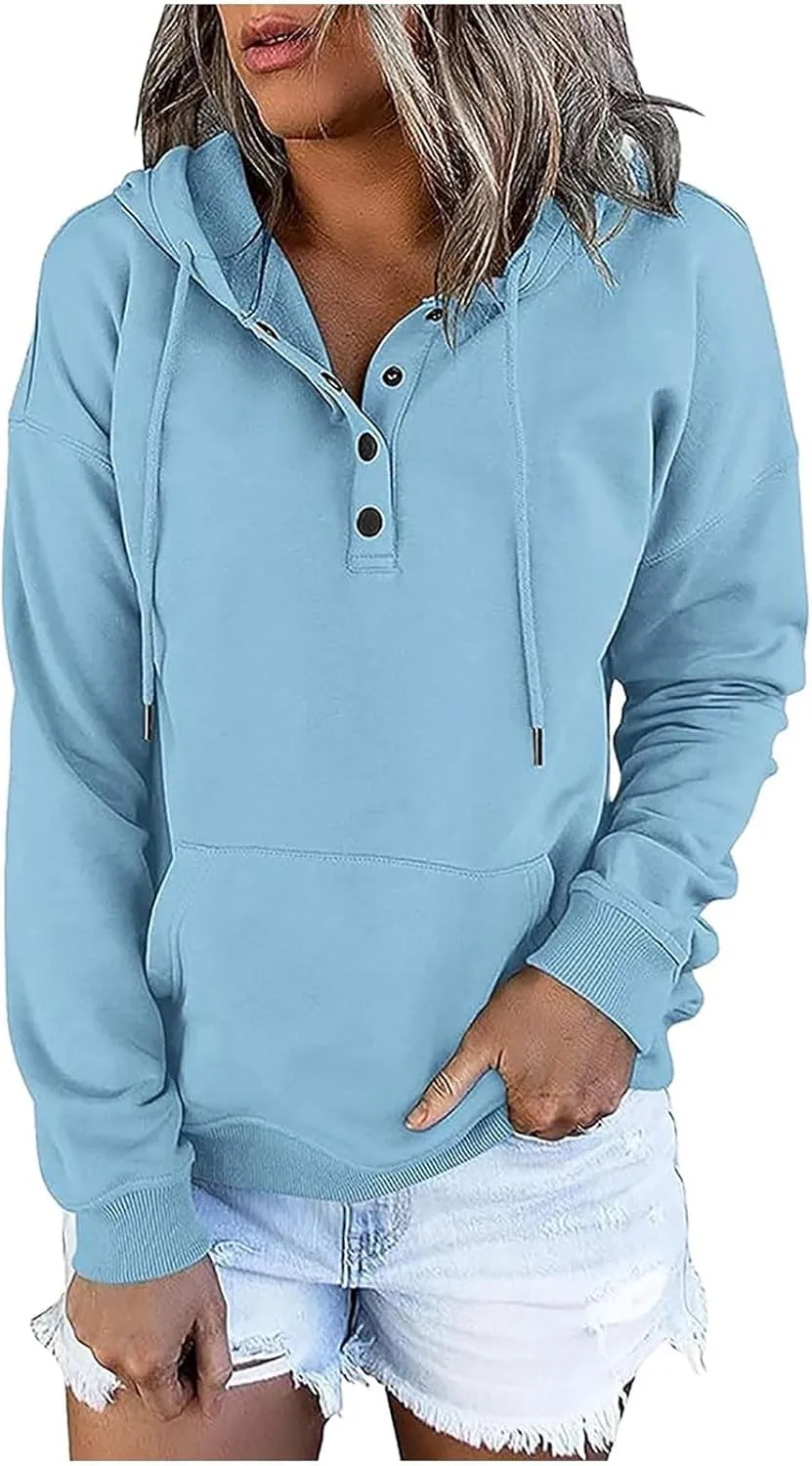 Hoodie Women Casual Pullover Sweatshirt Henley Style Long Sleeve Pocket Relaxed Fit Outfit