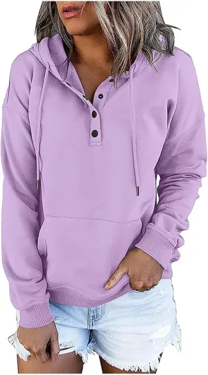 Hoodie Women Casual Pullover Sweatshirt Henley Style Long Sleeve Pocket Relaxed Fit Outfit