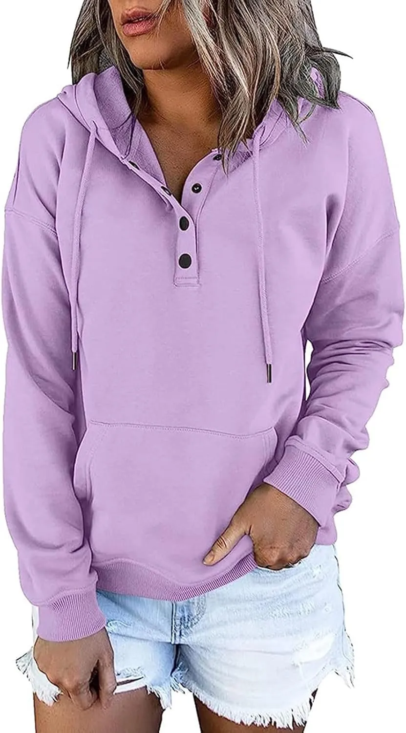 Hoodie Women Casual Pullover Sweatshirt Henley Style Long Sleeve Pocket Relaxed Fit Outfit