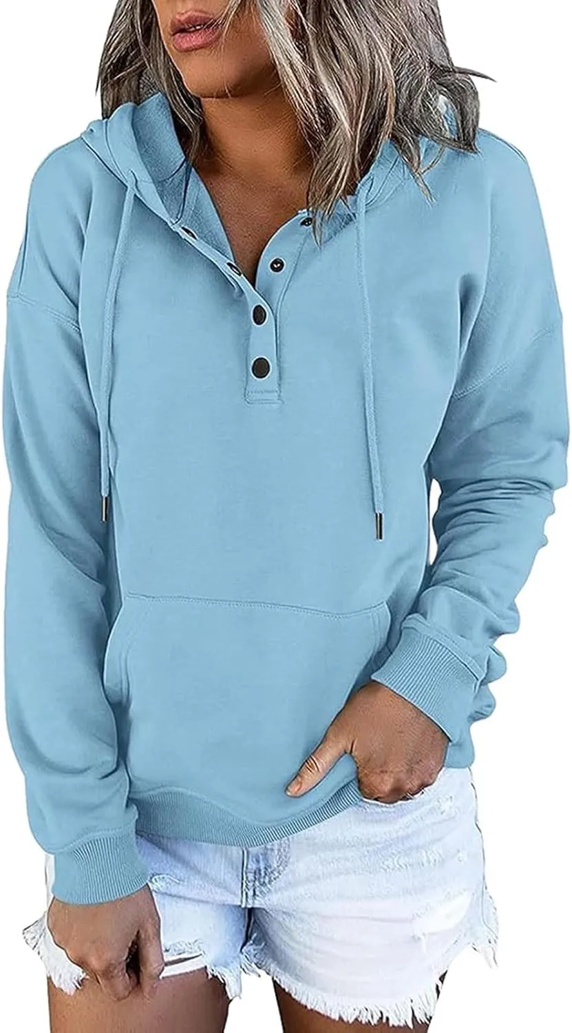 Hoodie Women Casual Pullover Sweatshirt Henley Style Long Sleeve Pocket Relaxed Fit Outfit