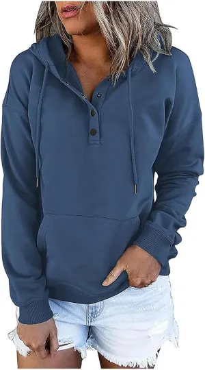 Hoodie Women Casual Pullover Sweatshirt Henley Style Long Sleeve Pocket Relaxed Fit Outfit