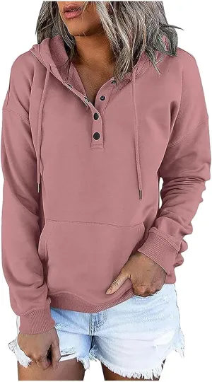 Hoodie Women Casual Pullover Sweatshirt Henley Style Long Sleeve Pocket Relaxed Fit Outfit