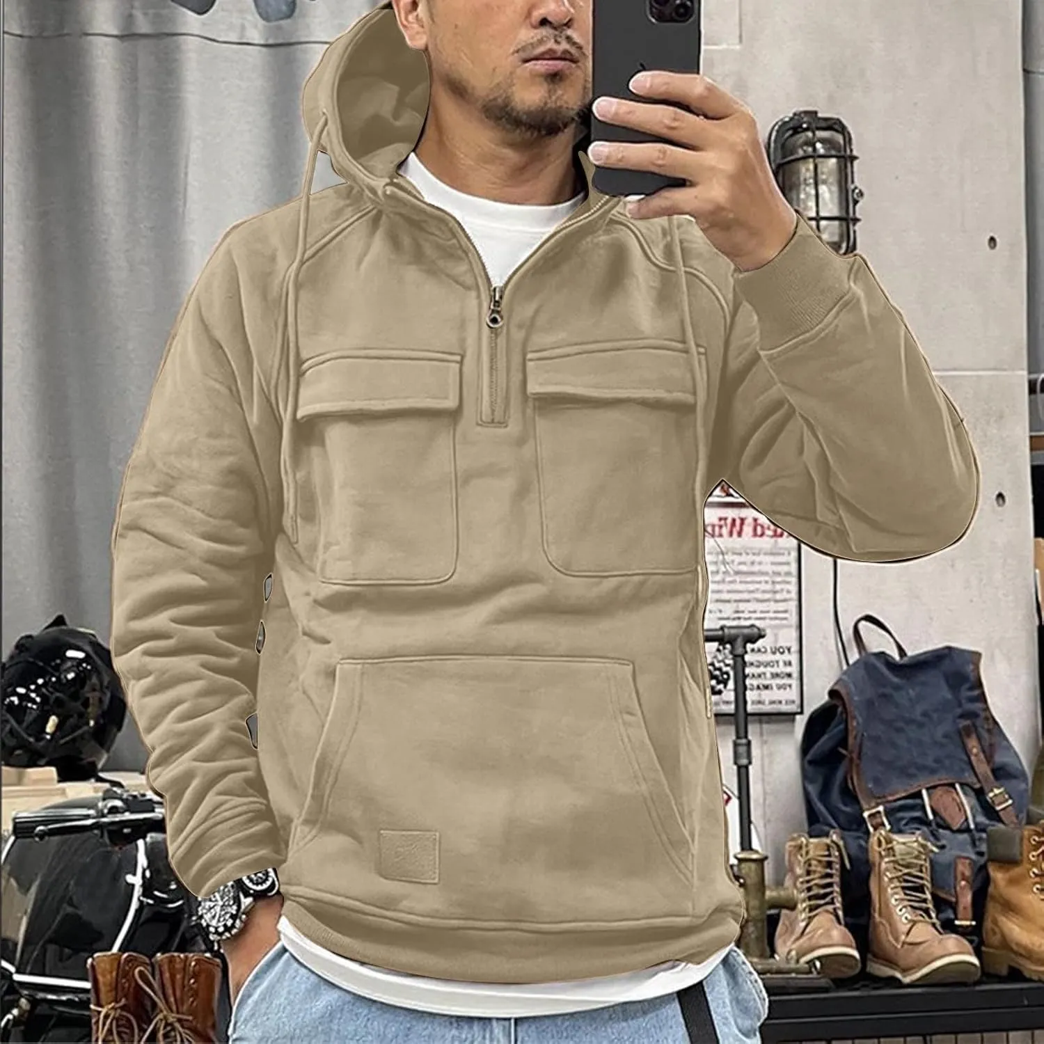 Hoodies for Men Long Sleeve 1/4 Zip Fashion Pullover Athletic Tactical Workout Jacket Fit Sweatshirts with Pockets
