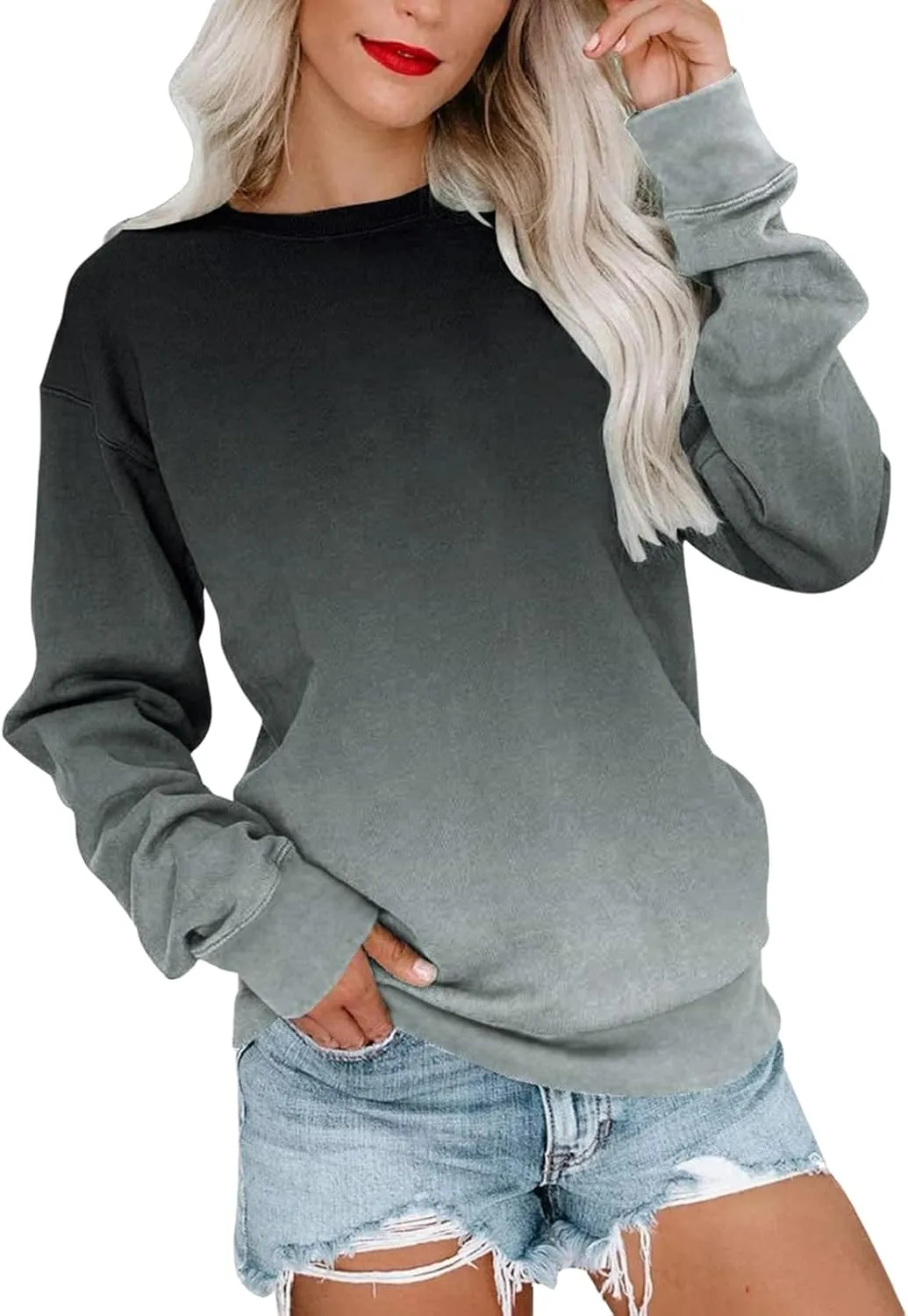 Hoodies for Women Pullover Casual Long Sleeve Sweatshirt Crewneck Cute Classic Relaxed Fit Solid Gradient Tunic Tops