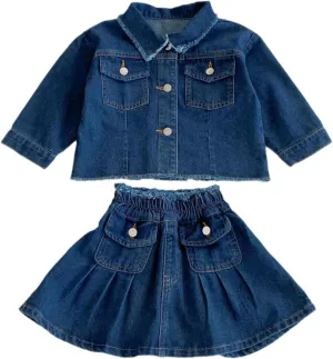 iiniim Toddler Girl's Denim Outfit Button Front Long Sleeve Denim Jackets and Mini Skirts 2pcs Set