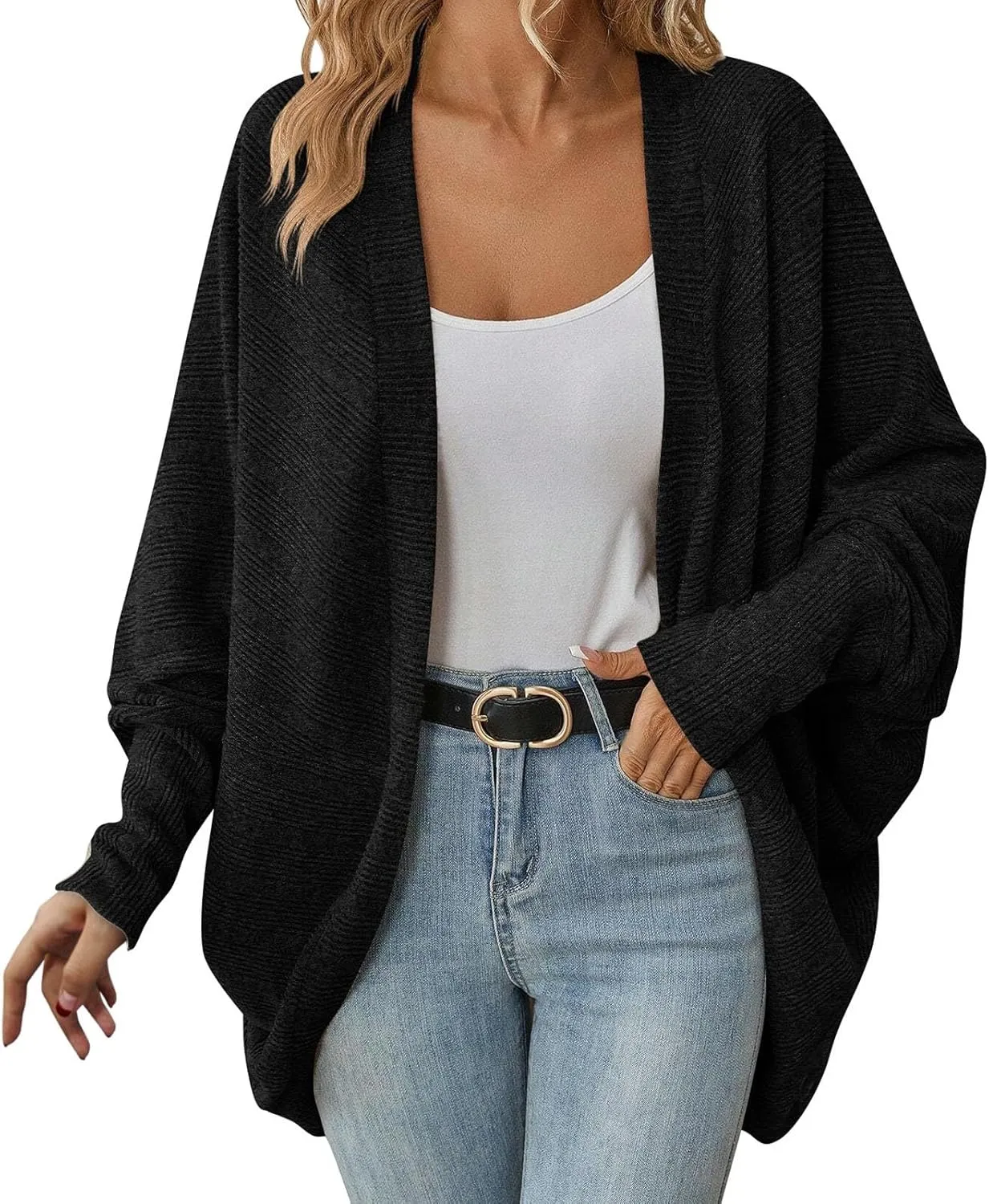 iLH Autumn and Winter New Cardigan for Women Loose Bat Wing Sleeves Knitted Coat Casual Solid Color Open Neck Outerwear