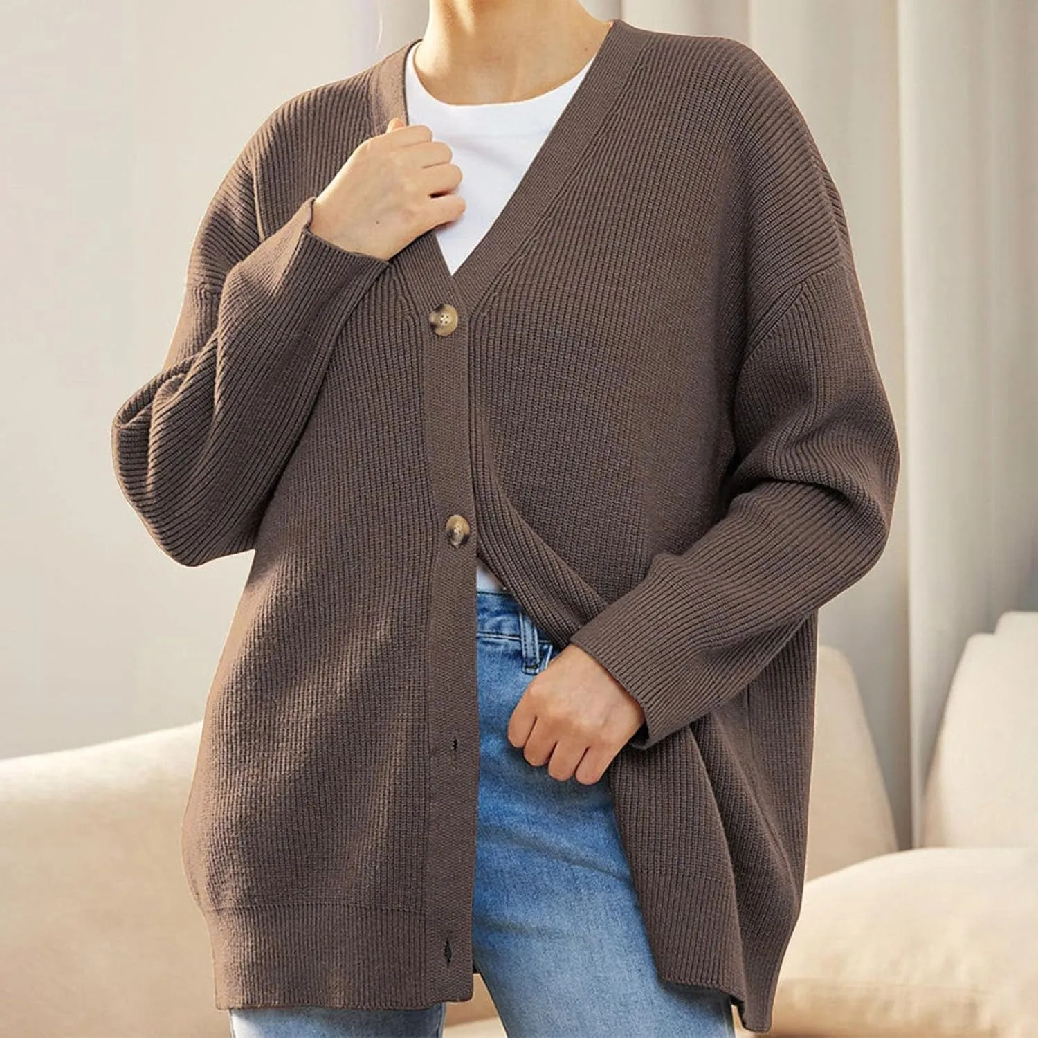 iLH Cardigan Sweaters for Sweater Fall Fashion Oversize Loose Sweater Button down V Neck Solid Outerwear Knitted Coat