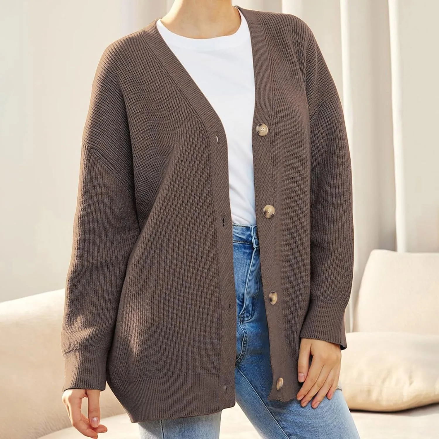 iLH Cardigan Sweaters for Sweater Fall Fashion Oversize Loose Sweater Button down V Neck Solid Outerwear Knitted Coat