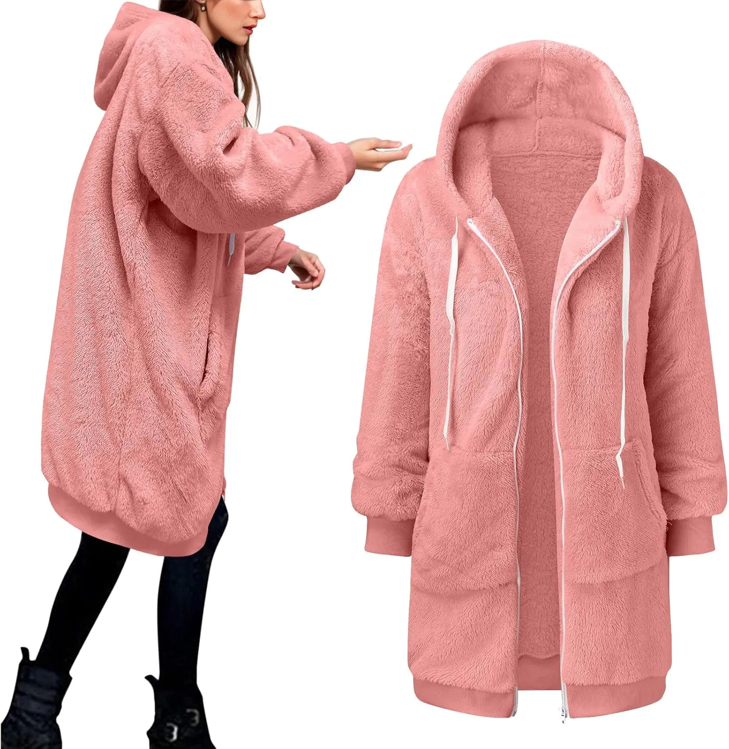 iLH Womens Full Zip Long Hoodies Fleece Soft Cozy Hooded Sweatshirts For Women Fall Winter Leisure Ovrsized Long Jacket