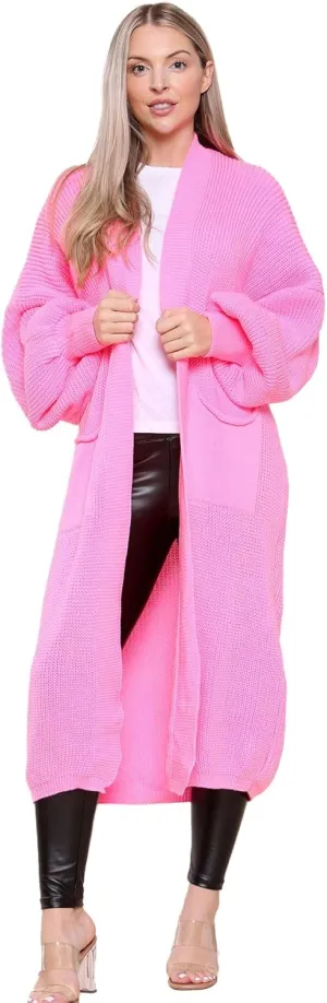 Janisramone Womens Knitted Chunky Cardigan, Open Front Balloon Sleeve Maxi Cardigan, Long Jumpers, Warm Coatigan Sweaters Neon Pink
