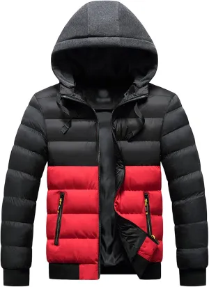 JEsilunmaMY Men's Color Block Hood Puffer Jacket Zip Up Slim Fit Hooded Down Coat Winter Warm Thicken Casual Puffer Coats