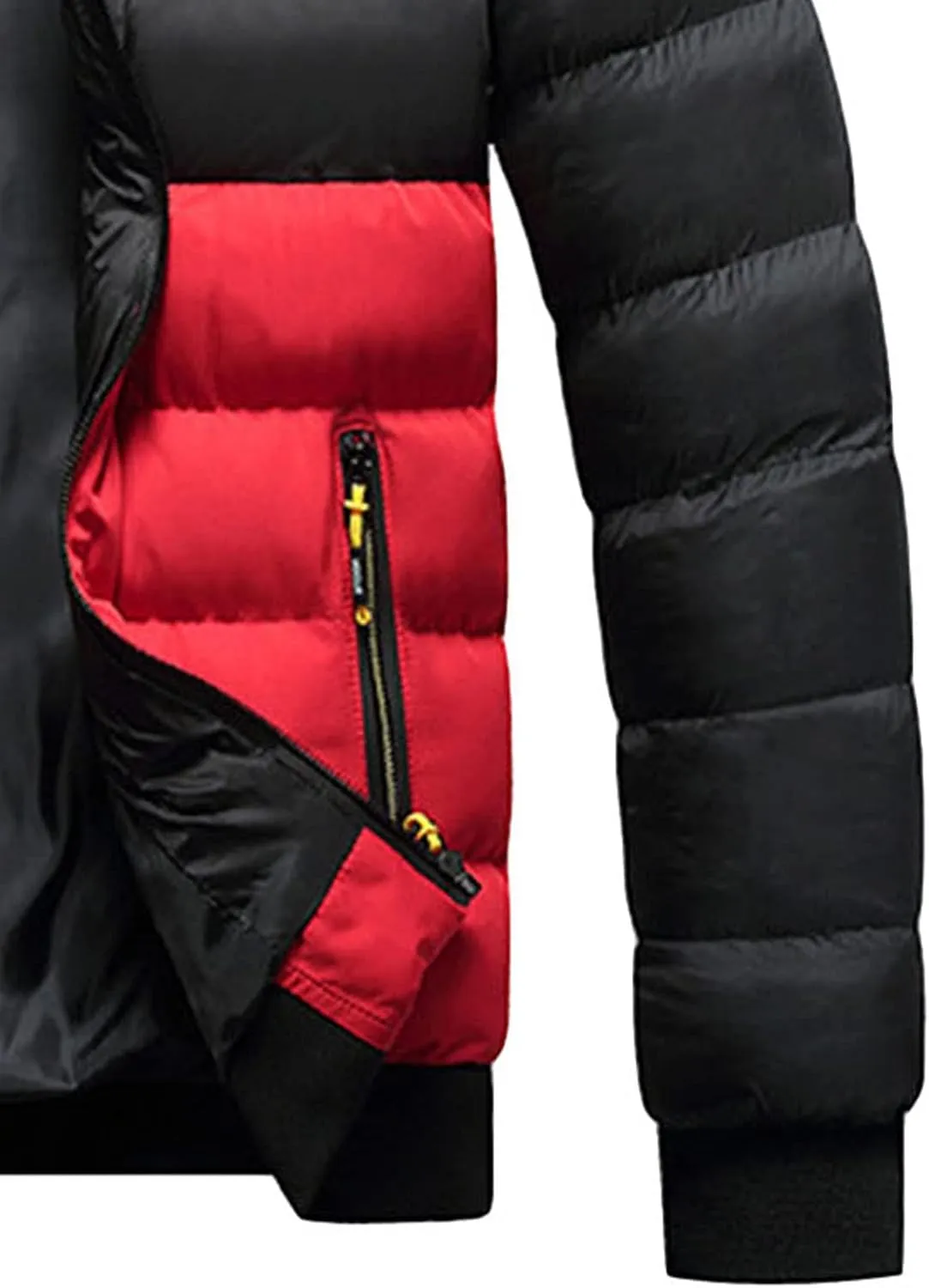 JEsilunmaMY Men's Color Block Hood Puffer Jacket Zip Up Slim Fit Hooded Down Coat Winter Warm Thicken Casual Puffer Coats