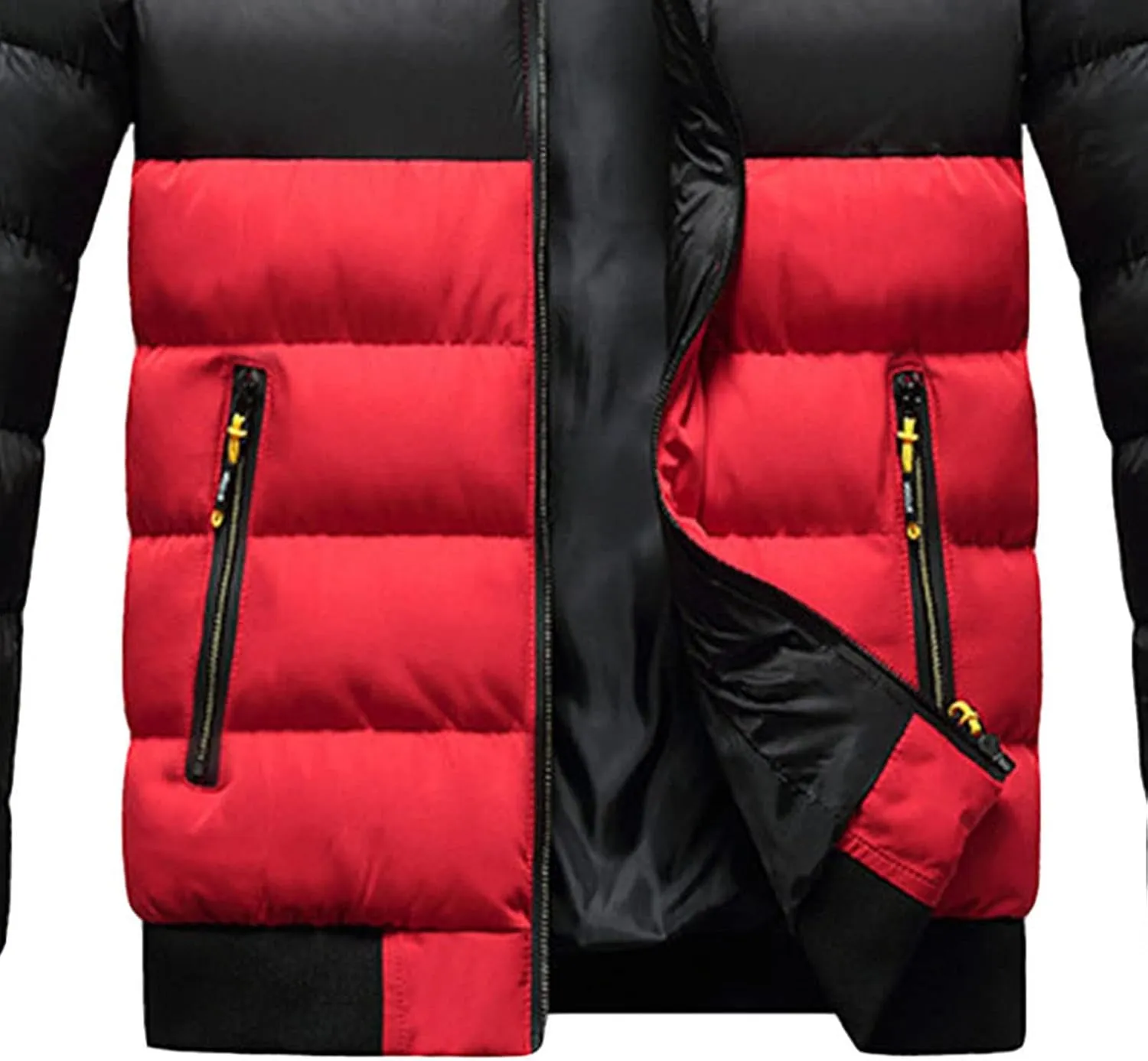 JEsilunmaMY Men's Color Block Hood Puffer Jacket Zip Up Slim Fit Hooded Down Coat Winter Warm Thicken Casual Puffer Coats
