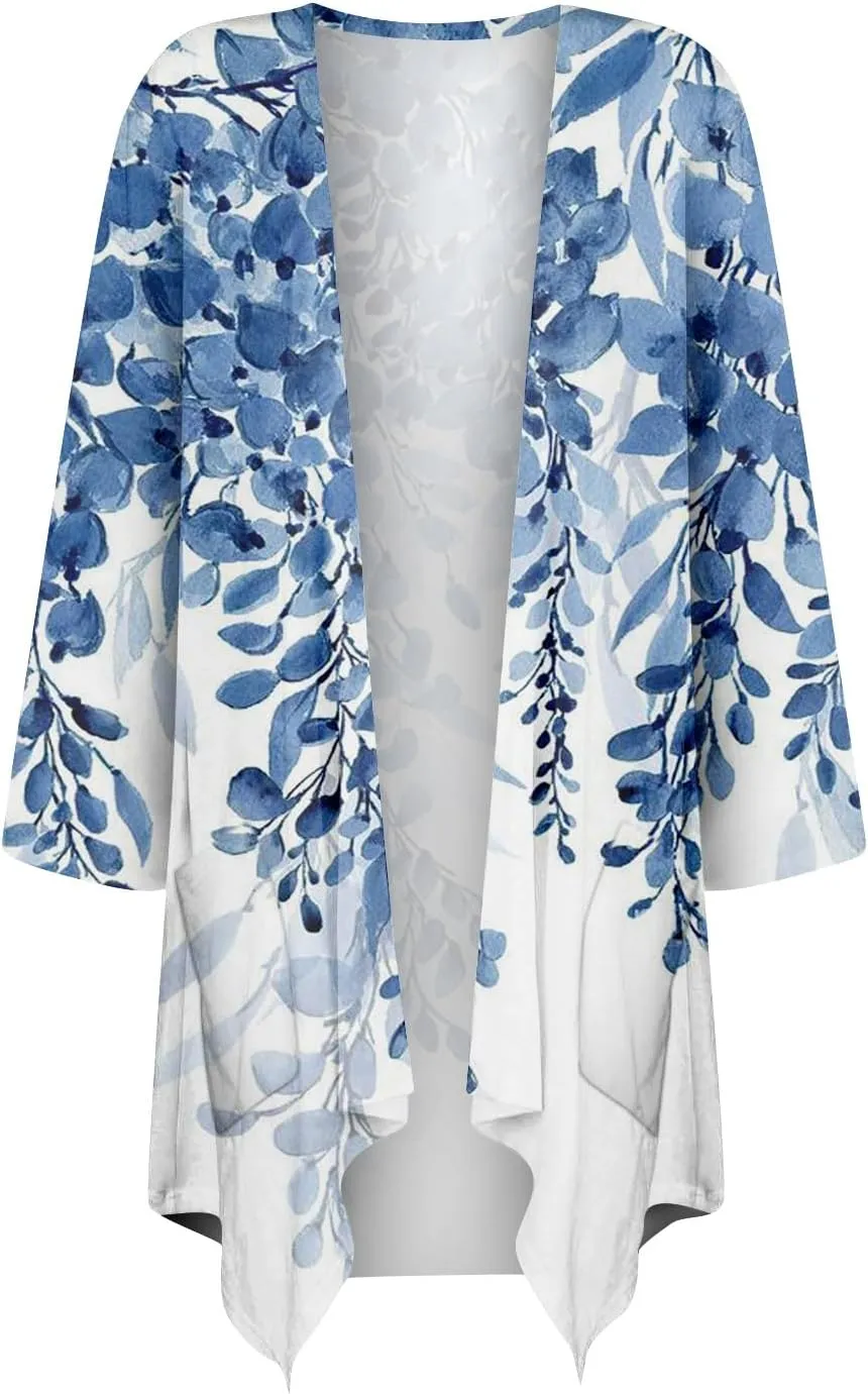 Kimono Cardigan 3/4 Sleeve Cardigan for Women,Plus Size Gradient Open Front Lightweight Summer Cardigan with Pocket