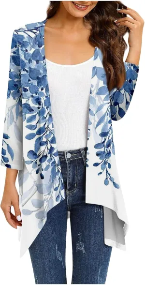 Kimono Cardigan 3/4 Sleeve Cardigan for Women,Plus Size Gradient Open Front Lightweight Summer Cardigan with Pocket