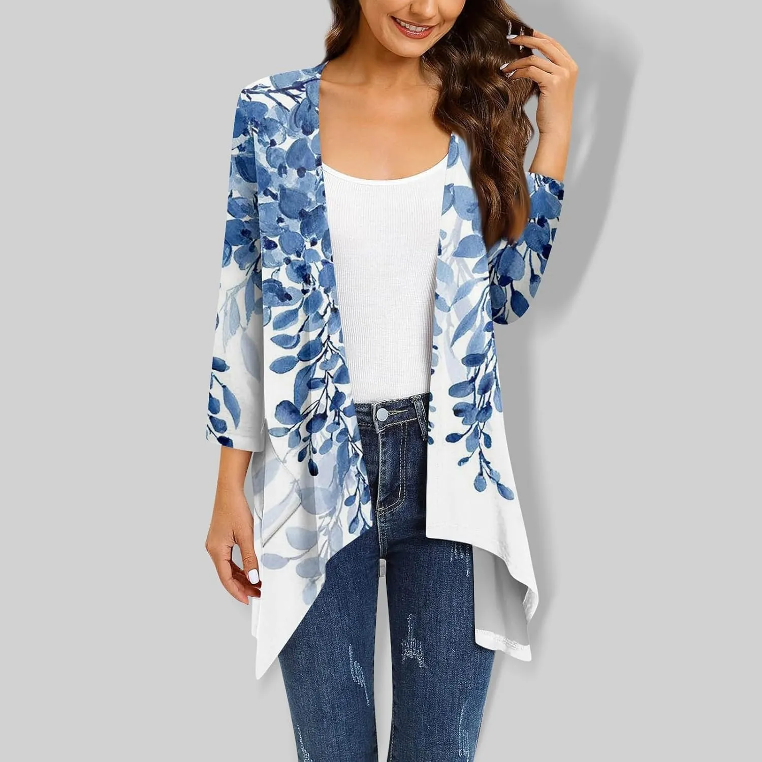 Kimono Cardigan 3/4 Sleeve Cardigan for Women,Plus Size Gradient Open Front Lightweight Summer Cardigan with Pocket