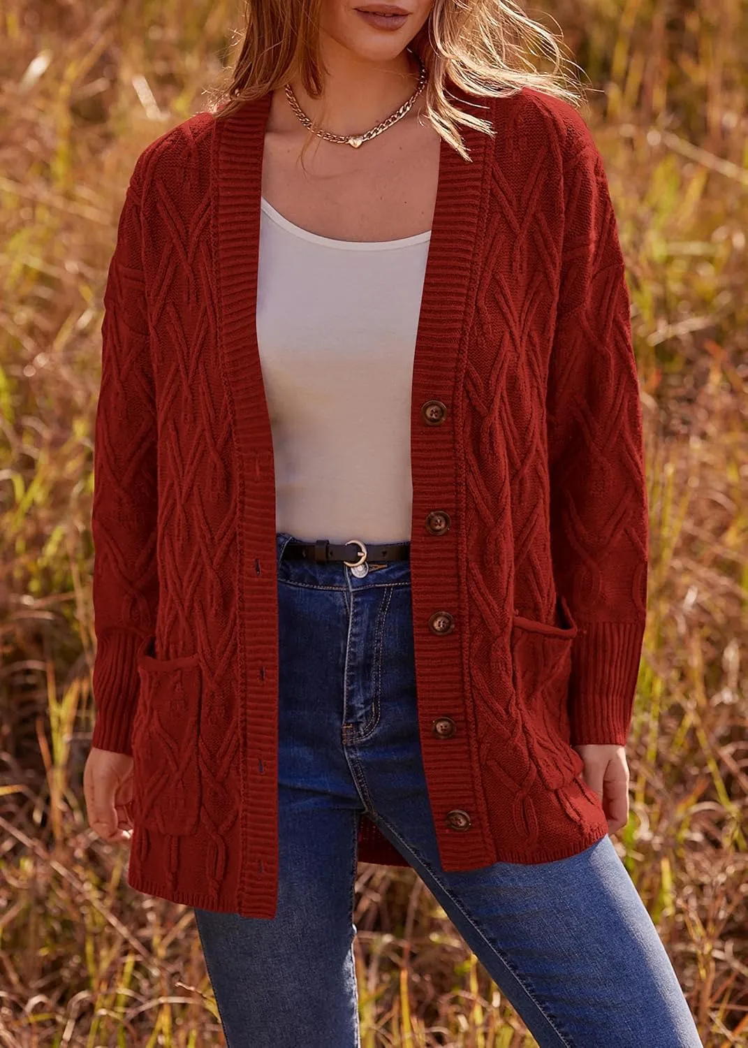 KIRUNDO Women 2024 Fall Winter Oversized Button Down Cable Knit Cardigan Casual Long Sleeve Open Front Chunky Sweater Coat
