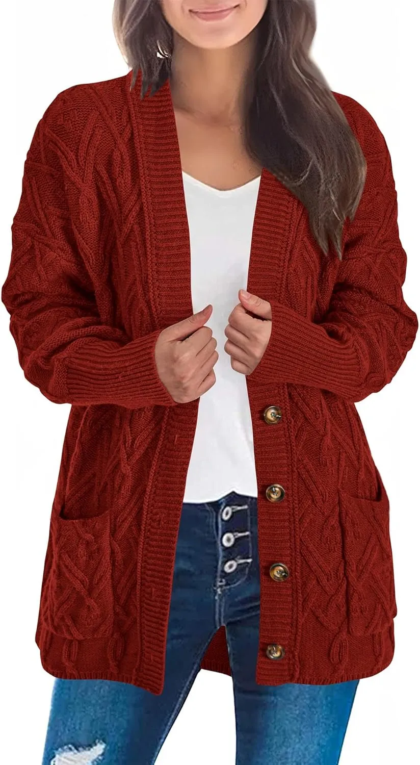 KIRUNDO Women 2024 Fall Winter Oversized Button Down Cable Knit Cardigan Casual Long Sleeve Open Front Chunky Sweater Coat