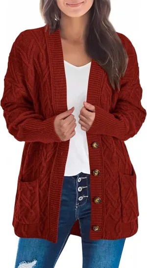 KIRUNDO Women 2024 Fall Winter Oversized Button Down Cable Knit Cardigan Casual Long Sleeve Open Front Chunky Sweater Coat