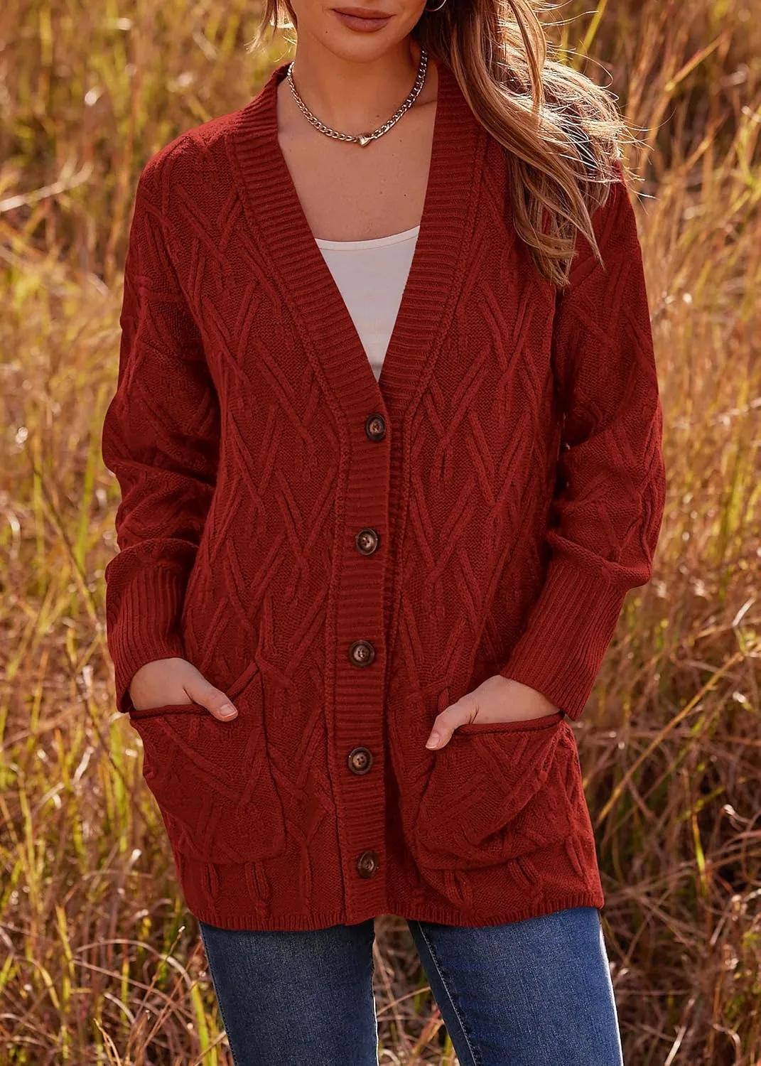 KIRUNDO Women 2024 Fall Winter Oversized Button Down Cable Knit Cardigan Casual Long Sleeve Open Front Chunky Sweater Coat