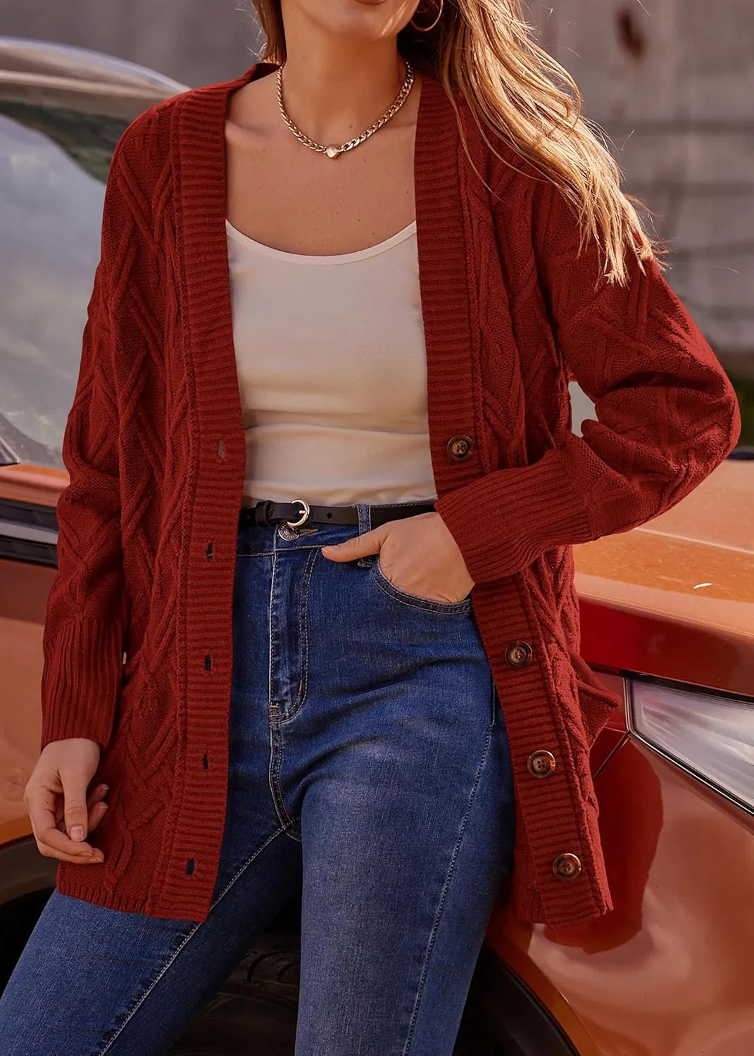 KIRUNDO Women 2024 Fall Winter Oversized Button Down Cable Knit Cardigan Casual Long Sleeve Open Front Chunky Sweater Coat
