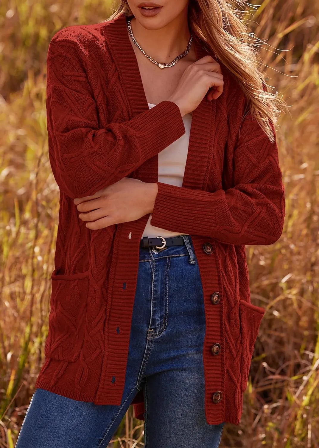 KIRUNDO Women 2024 Fall Winter Oversized Button Down Cable Knit Cardigan Casual Long Sleeve Open Front Chunky Sweater Coat