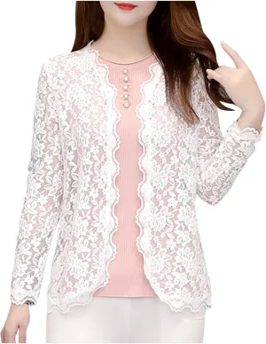 Lace Floral Shrug Cardigans for Women Plus Size Long Sleeve Open Front Crochet Bolero Jacket Cropped Cardigan