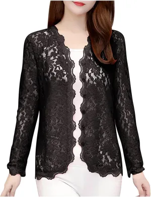 Lace Floral Shrug Cardigans for Women Plus Size Long Sleeve Open Front Crochet Bolero Jacket Cropped Cardigan