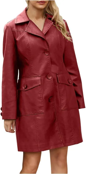 Leather Trench Coat Women Oversized Single Breasted Mid Length Overcoat Trendy Long Jackets Outerwear with Pockets
