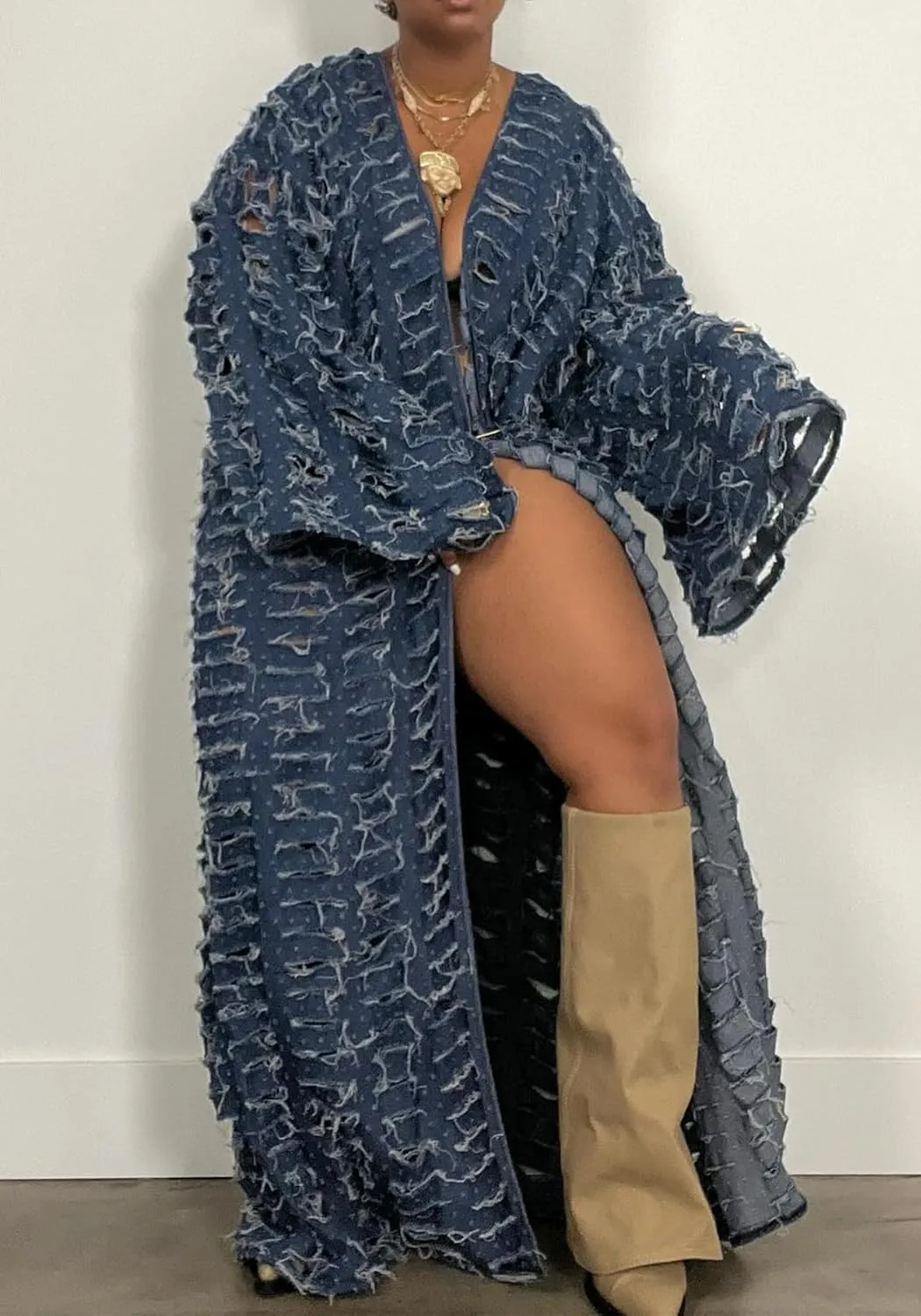 LETSVDO Women's Ripped Denim Duster Kimono Cardigan Oversized Distressed Hollow Out Open Front Long Jean Jacket Coat