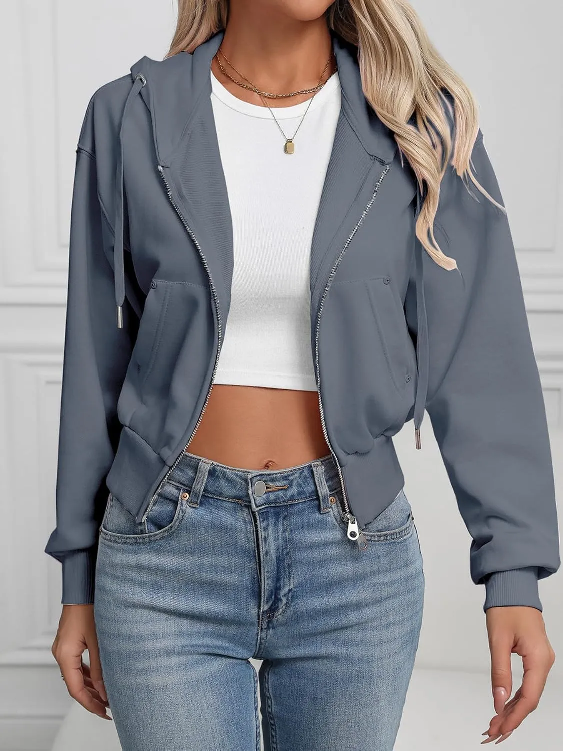 Lmbabter Women Short Zip-up Hoodie Cropped Sweatshirts Jackets Casual Hooded Athletic Sweatshirts Cotton Fleece Fall Outfits