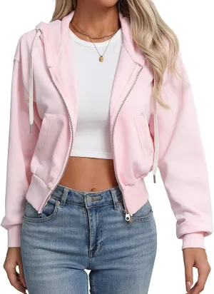 Lmbabter Women Short Zip-up Hoodie Cropped Sweatshirts Jackets Casual Hooded Athletic Sweatshirts Cotton Fleece Fall Outfits