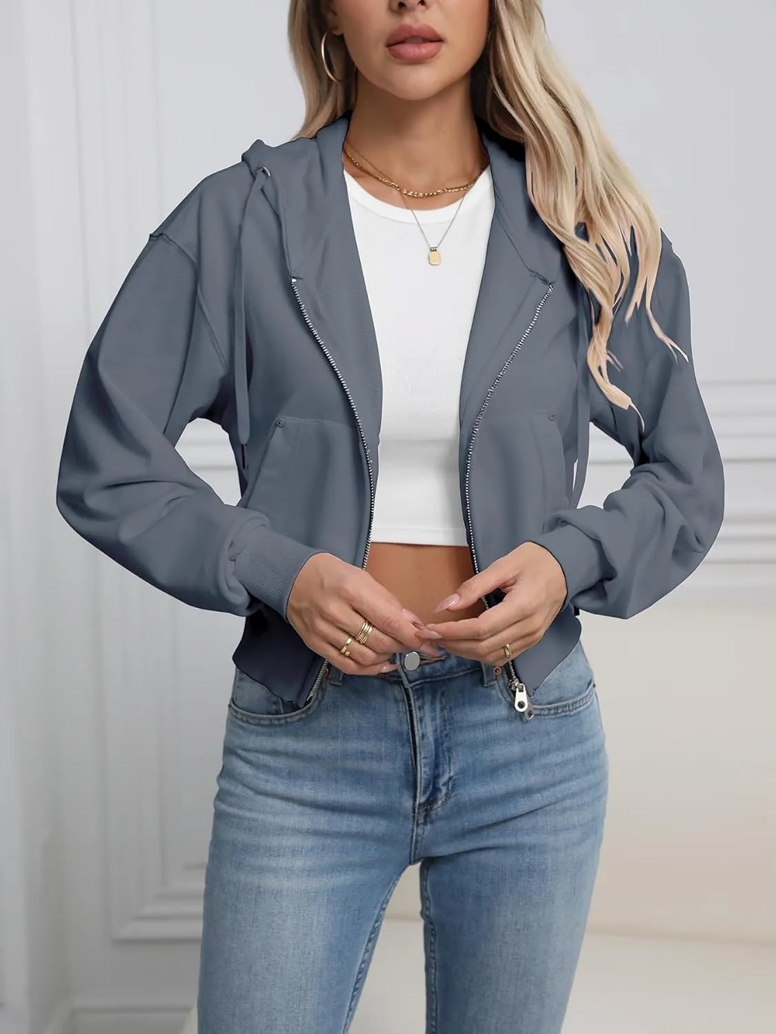 Lmbabter Women Short Zip-up Hoodie Cropped Sweatshirts Jackets Casual Hooded Athletic Sweatshirts Cotton Fleece Fall Outfits