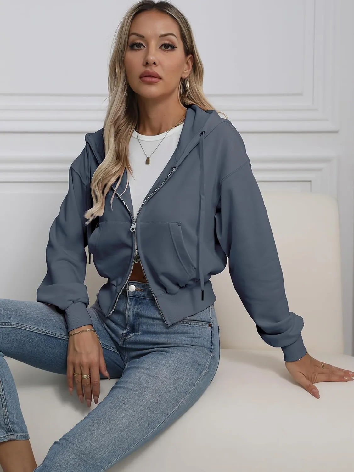 Lmbabter Women Short Zip-up Hoodie Cropped Sweatshirts Jackets Casual Hooded Athletic Sweatshirts Cotton Fleece Fall Outfits