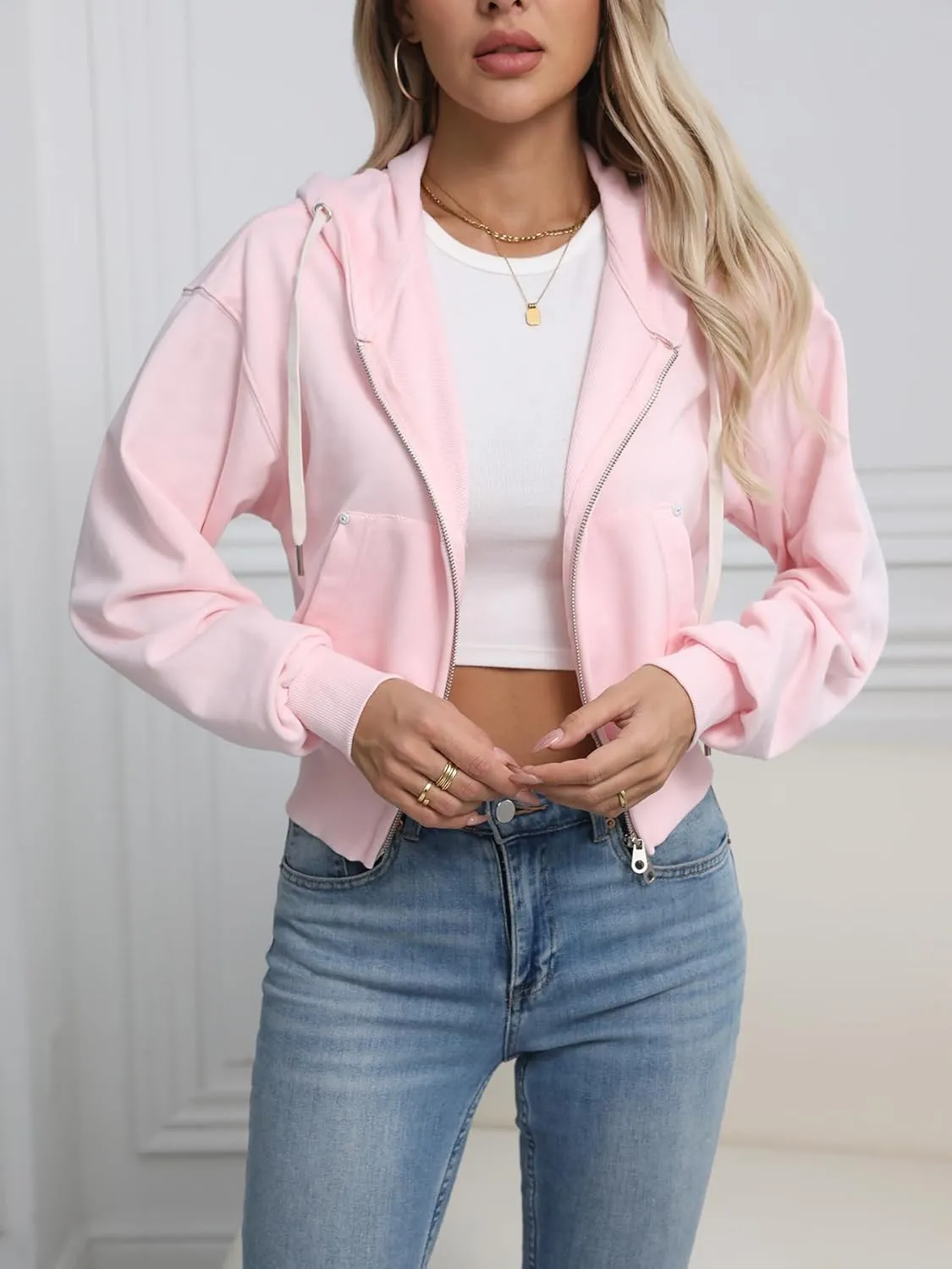 Lmbabter Women Short Zip-up Hoodie Cropped Sweatshirts Jackets Casual Hooded Athletic Sweatshirts Cotton Fleece Fall Outfits