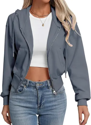 Lmbabter Women Short Zip-up Hoodie Cropped Sweatshirts Jackets Casual Hooded Athletic Sweatshirts Cotton Fleece Fall Outfits