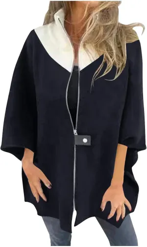 Lmdudan Women's Zip Up Wool Blend Coats Plus Size Color Block Stand Collar Side Slit Trench Coat Casual Long Sleeve Cardigan