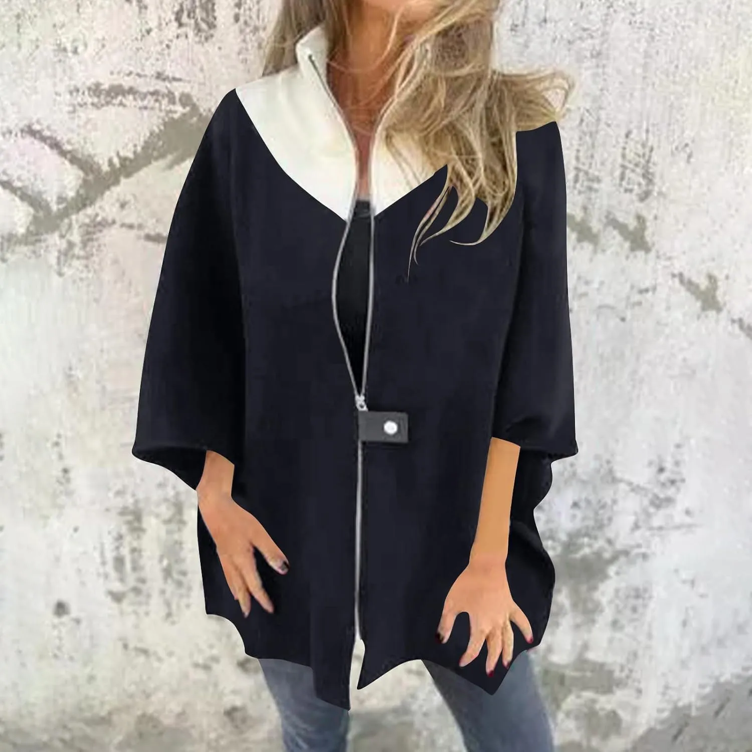 Lmdudan Women's Zip Up Wool Blend Coats Plus Size Color Block Stand Collar Side Slit Trench Coat Casual Long Sleeve Cardigan