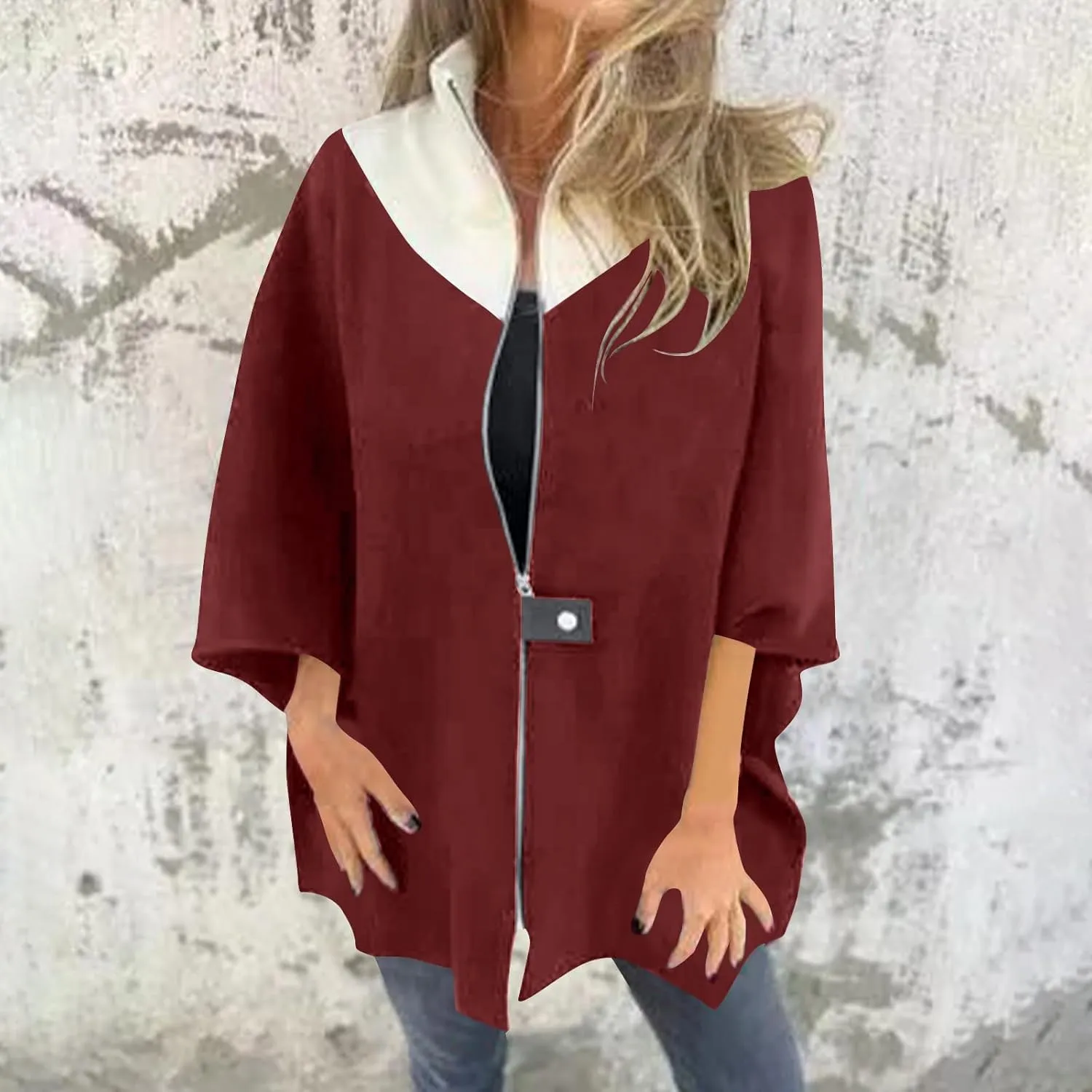 Lmdudan Women's Zip Up Wool Blend Coats Plus Size Color Block Stand Collar Side Slit Trench Coat Casual Long Sleeve Cardigan
