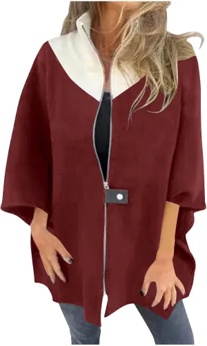 Lmdudan Women's Zip Up Wool Blend Coats Plus Size Color Block Stand Collar Side Slit Trench Coat Casual Long Sleeve Cardigan