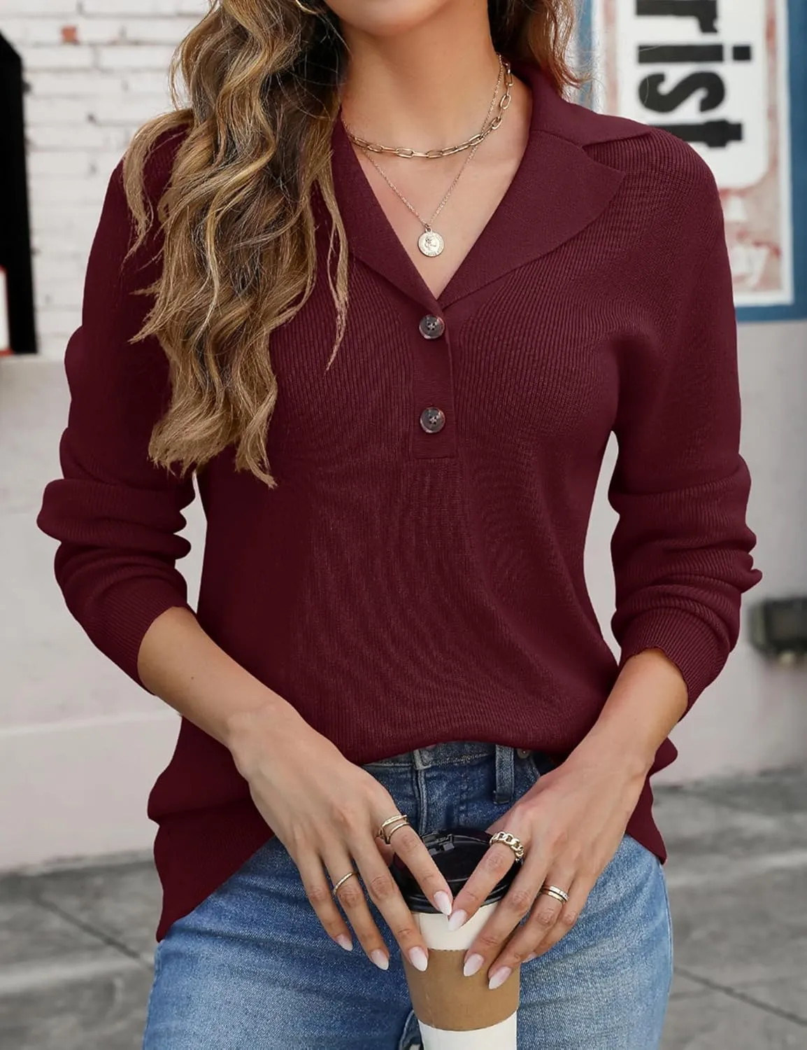 LOMON Womens Fall Sweaters 2024 Knitted V-Neck Collared Business Button Pullover Long Sleeve Winter Dressy Casual Jumper