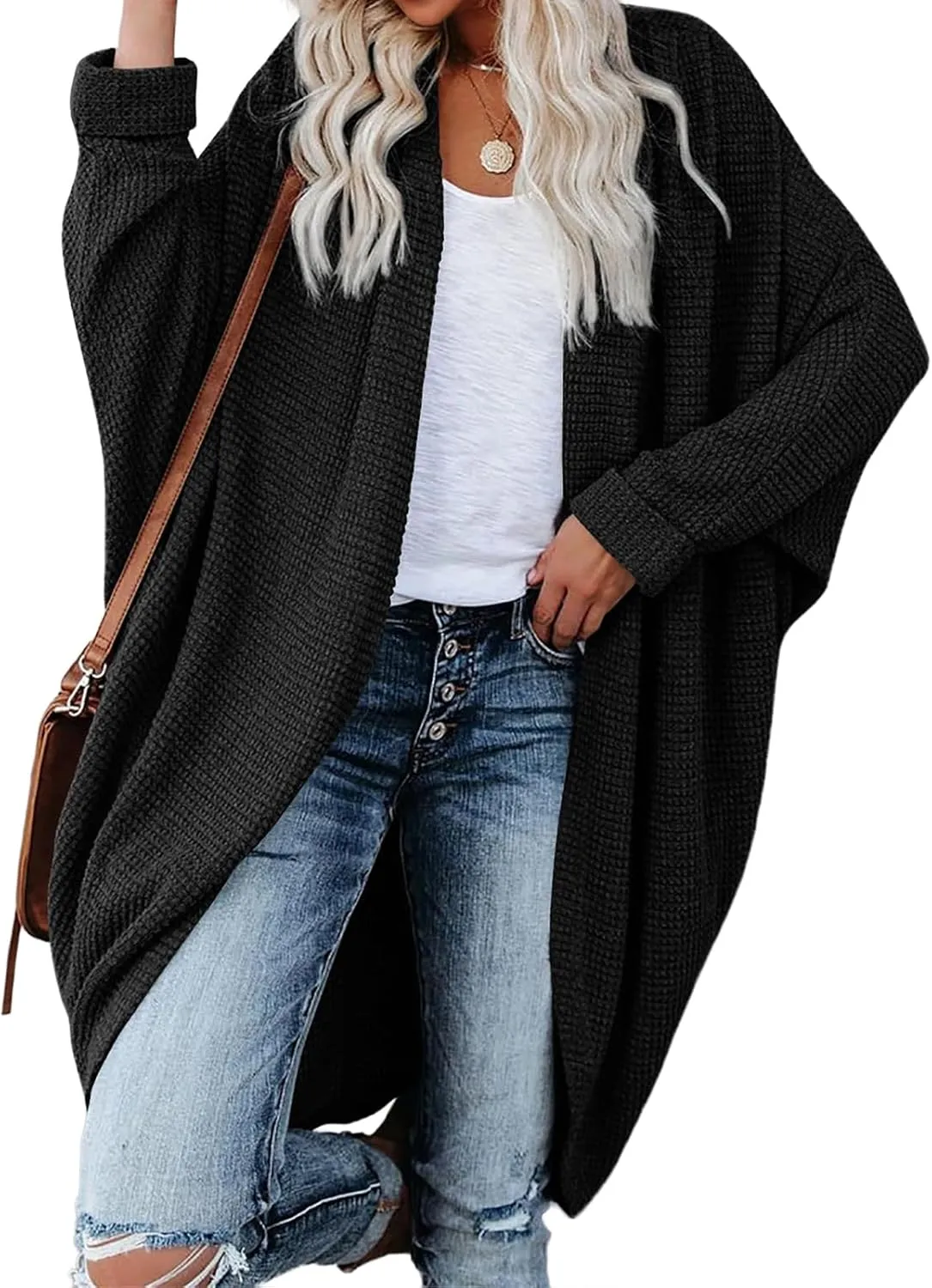 Long Batwing Cardigan for Women Oversized Cable Knitted Cardigan Sweater Casual Loose Open Front Coat Winter Fashion