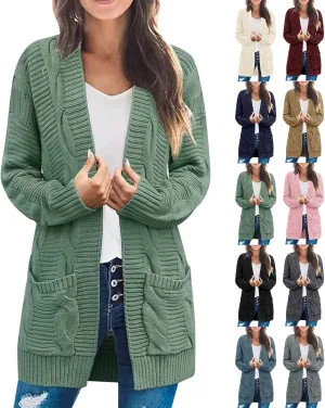 Long Cardigan Sweaters for Women Baggy Lightweight Cable Knit Cardigan Oversized Chunky Cardigans Jacket with Pockets