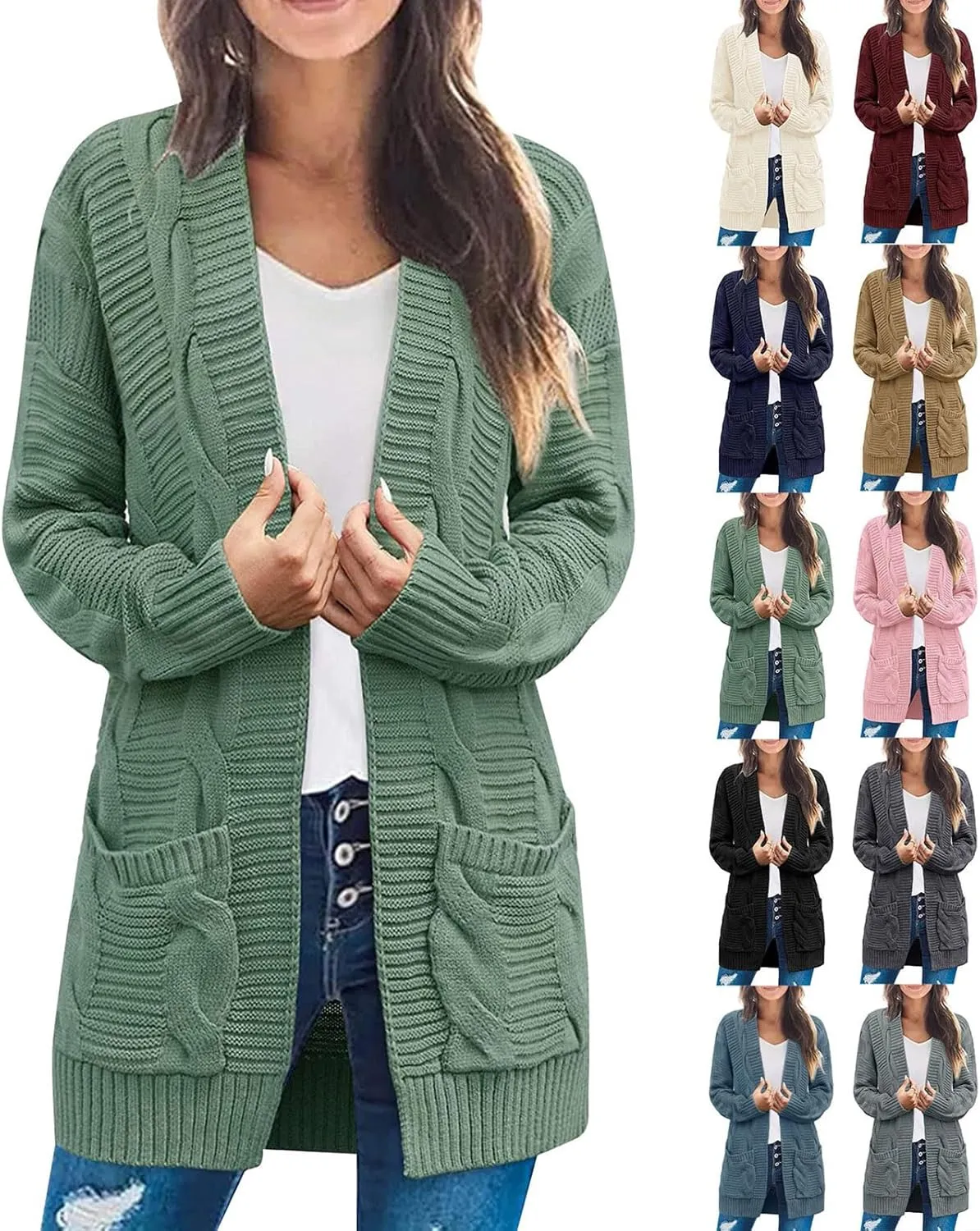 Long Cardigan Sweaters for Women Baggy Lightweight Cable Knit Cardigan Oversized Chunky Cardigans Jacket with Pockets