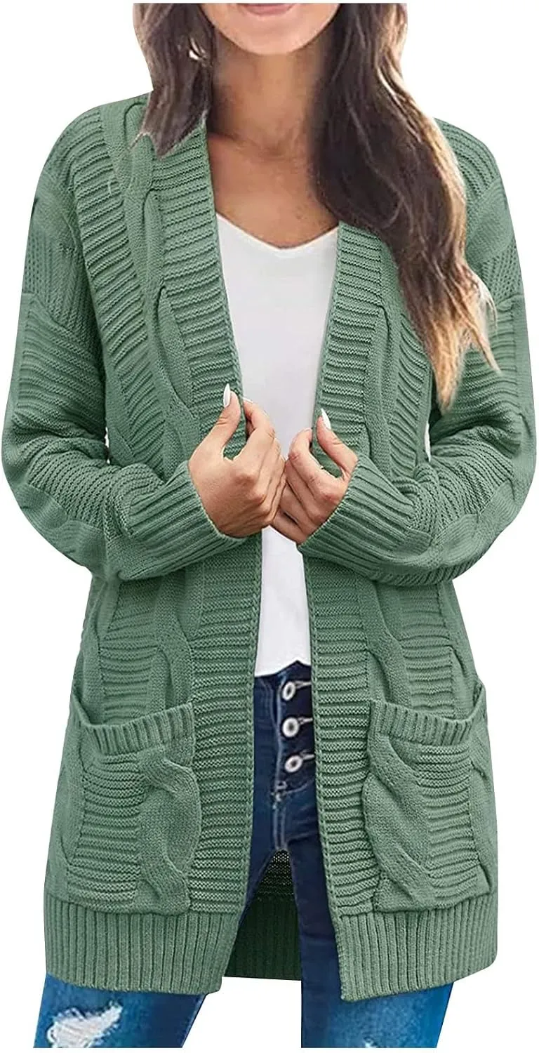 Long Cardigan Sweaters for Women Baggy Lightweight Cable Knit Cardigan Oversized Chunky Cardigans Jacket with Pockets